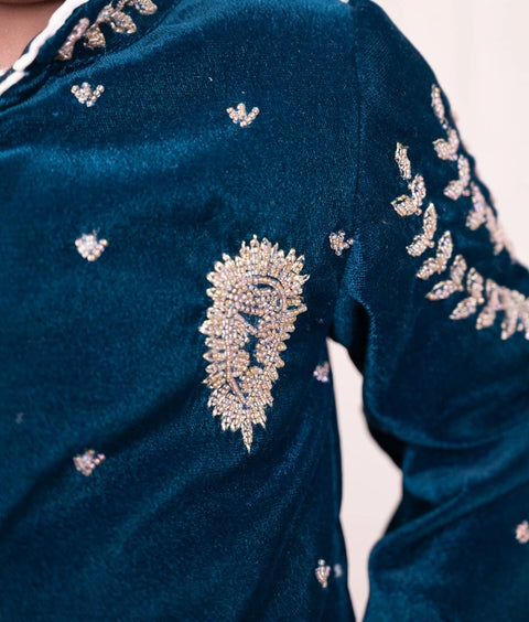 Pre-Order: Teal Blue Embroidered Bandgala Set