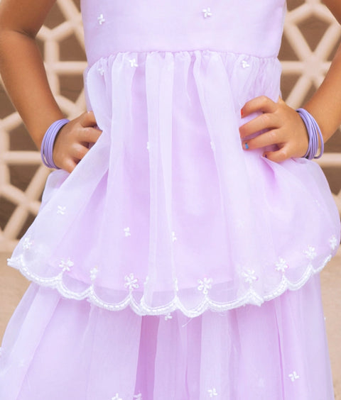 Pre Order : Lilac Embroidered Organza Kurti with Skirt
