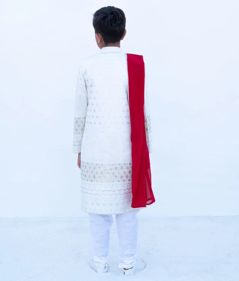 Pre-Order: White Embroidered Sherwani with Chudidar