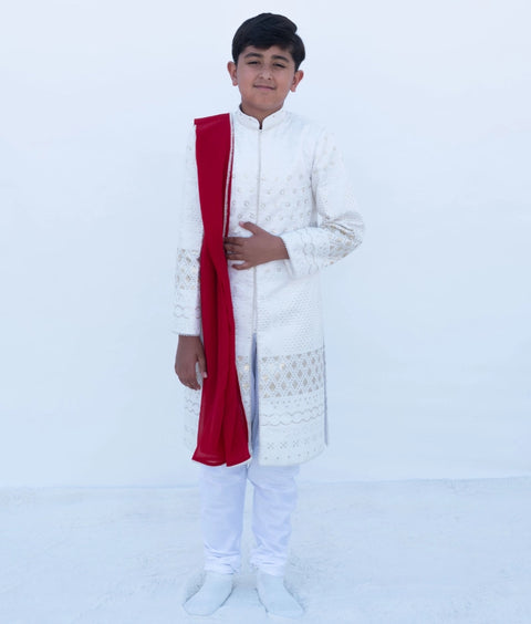 Pre-Order: White Embroidered Sherwani with Chudidar