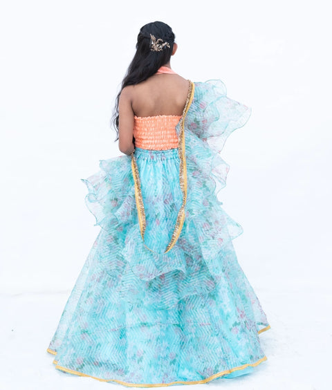 Pre-Order: Peach Embroidered Choli withPrinted Organza Lehenga Set