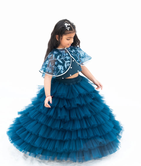 Pre Order: Teal Blue Crop Top Skirt with Cape