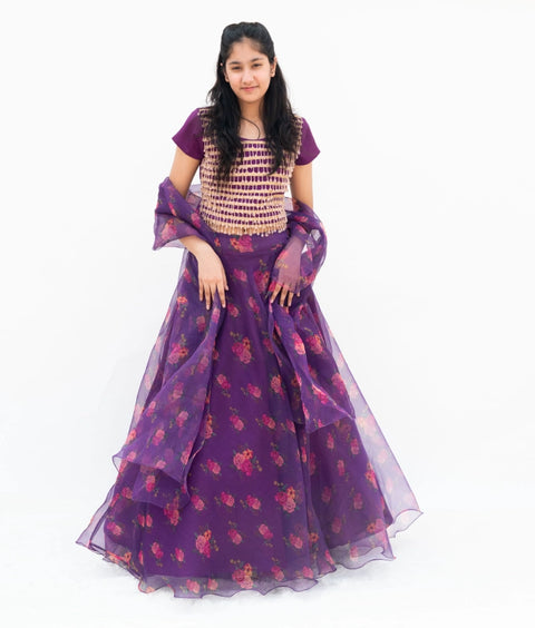 Pre-Order: Purple Tassel Choli with Printed Lehenga Set