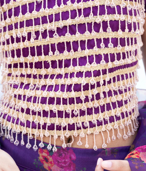 Pre-Order: Purple Tassel Choli with Printed Lehenga Set