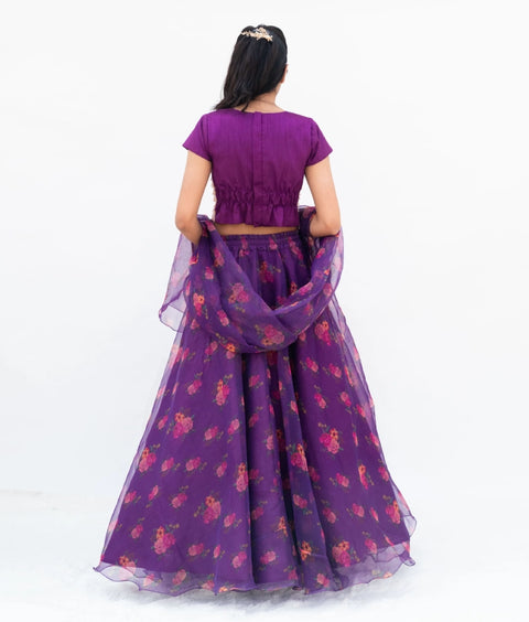 Pre-Order: Purple Tassel Choli with Printed Lehenga Set