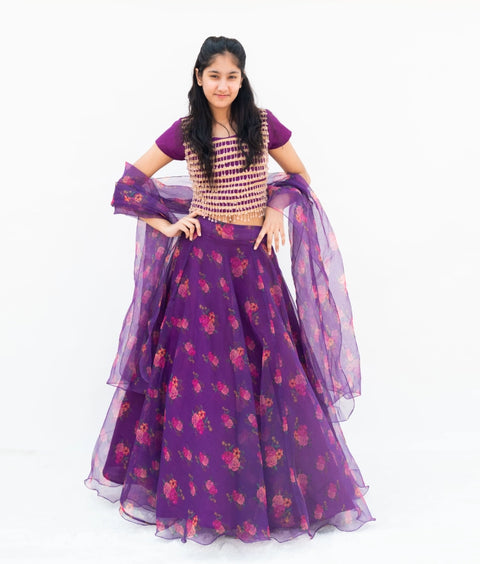 Pre-Order: Purple Tassel Choli with Printed Lehenga Set