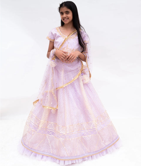 Pre-Order: Lilac Gota Embroidery Lehenga with Choli & Boti Net Dupatta