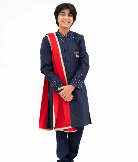 Pre-Order: Blue Silk Sherwani with Pant & Red Stole
