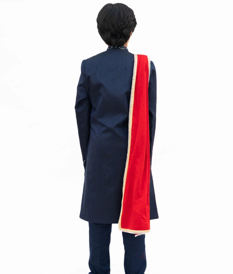 Pre-Order: Blue Silk Sherwani with Pant & Red Stole