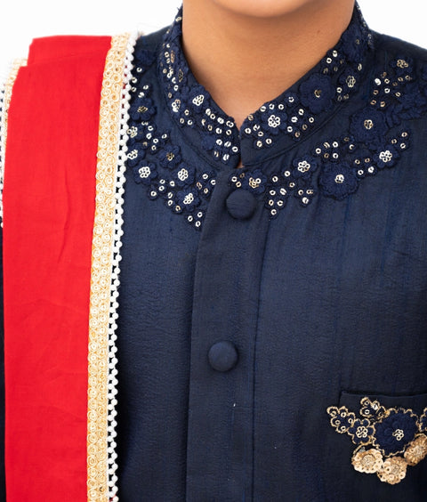 Pre-Order: Blue Silk Sherwani with Pant & Red Stole