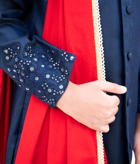 Pre-Order: Blue Silk Sherwani with Pant & Red Stole