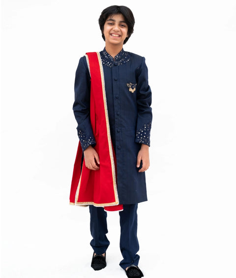 Pre-Order: Blue Silk Sherwani with Pant & Red Stole