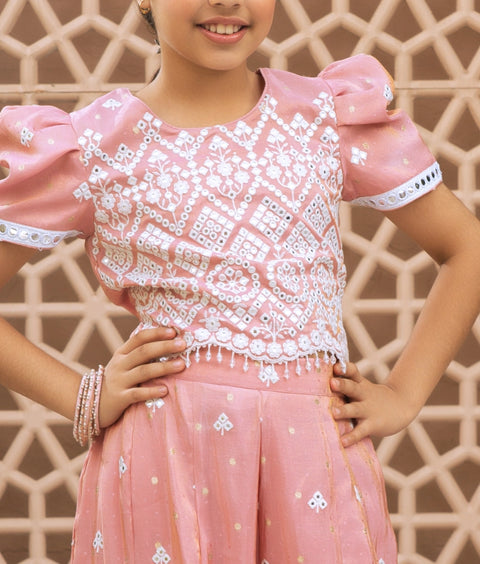Pre Order : Pink Embroidered Top & Palazzo Set