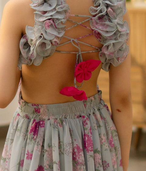 Pre Order : Green Floral Printed Long Dress