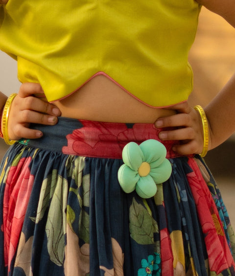 Pre Order : Green Crop Top with Printed Skirt