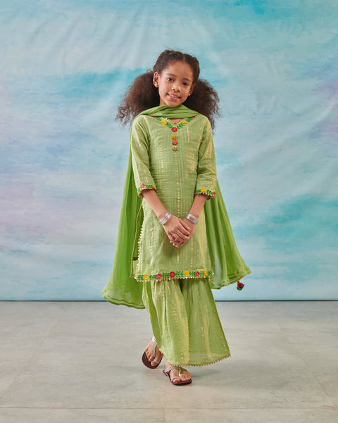 Pre-Order: Girl Embroidered Sharara Set-Green