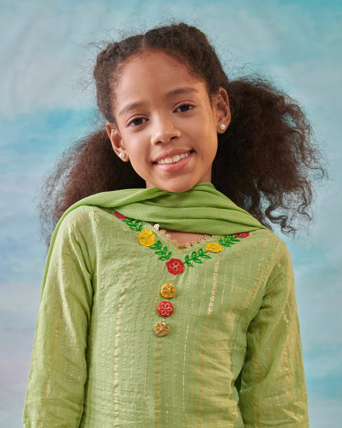 Pre-Order: Girl Embroidered Sharara Set-Green