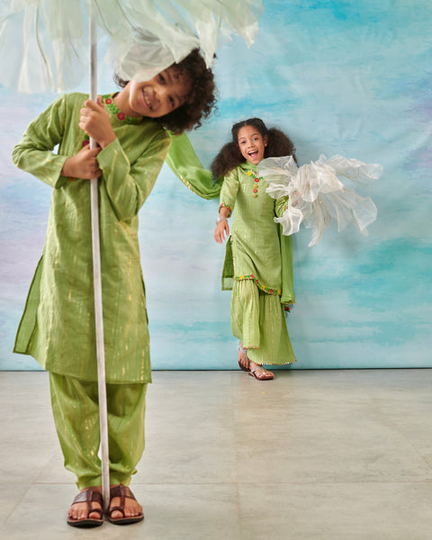 Pre-Order: Girl Embroidered Sharara Set-Green