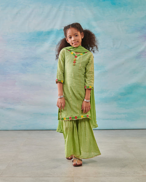 Pre-Order: Girl Embroidered Sharara Set-Green