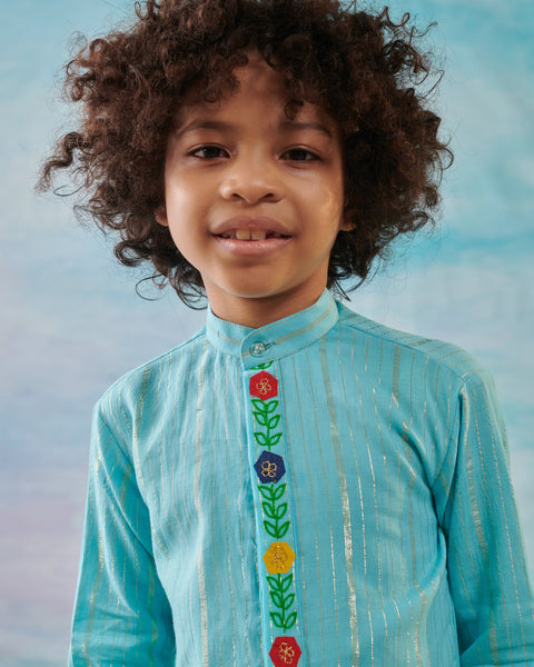 Pre-Order: Boy Embroidered Kurta Set-Turquoise