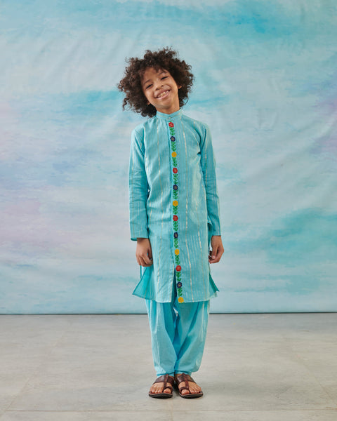 Pre-Order: Boy Embroidered Kurta Set-Turquoise