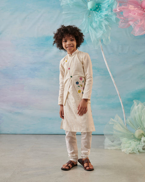 Pre-Order: Boy 3 PC Embroidery Jacket Set- Beige