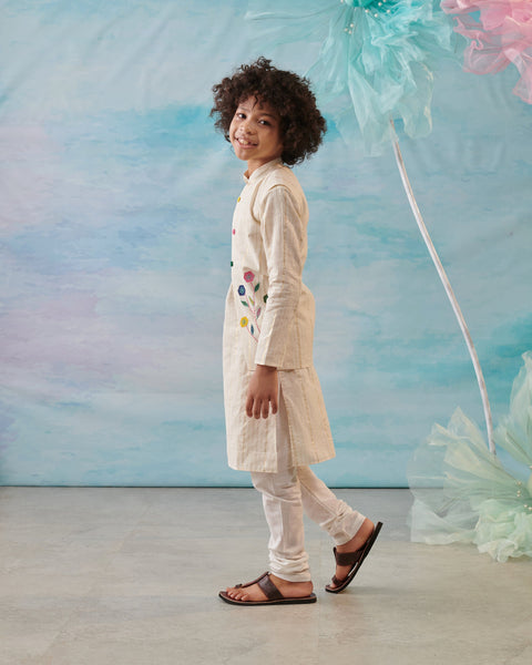 Pre-Order: Boy 3 PC Embroidery Jacket Set- Beige