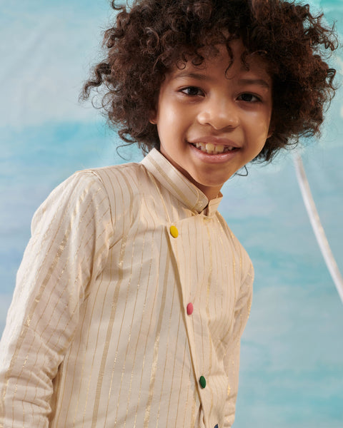 Pre-Order: Boy 3 PC Embroidery Jacket Set- Beige