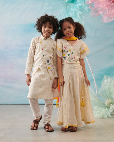 Pre-Order: Boy 3 PC Embroidery Jacket Set- Beige