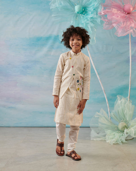 Pre-Order: Boy 3 PC Embroidery Jacket Set- Beige