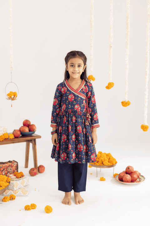 Pre-Order: Blue  jaal  printed muslin angrakha set -set of 2
