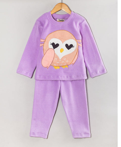 Pre-Order: Full sleeves round neck winter fleece set with with owl  patchwork-Purple
