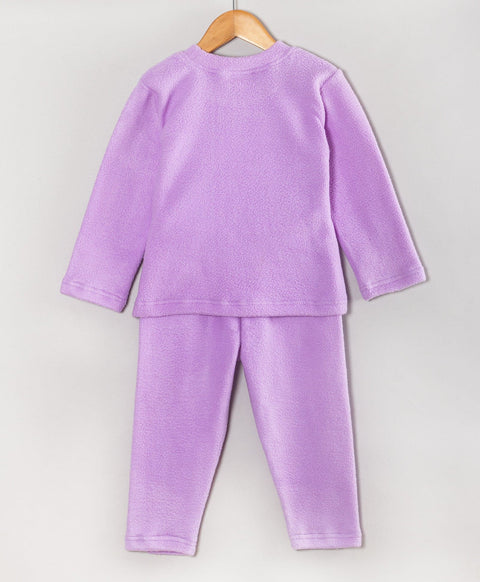 Pre-Order: Full sleeves round neck winter fleece set with with owl  patchwork-Purple