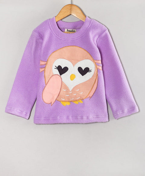 Pre-Order: Full sleeves round neck winter fleece set with with owl  patchwork-Purple