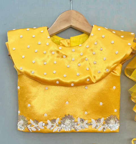 Pre-Order: Golden Yellow Lehenga Set with Pearl & Seqiun Embroidery