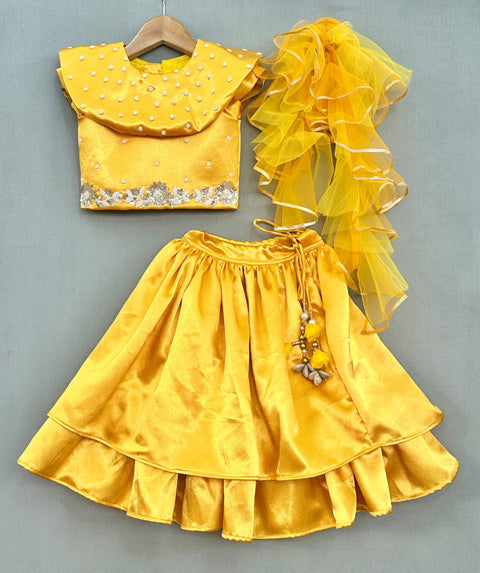 Pre-Order: Golden Yellow Lehenga Set with Pearl & Seqiun Embroidery