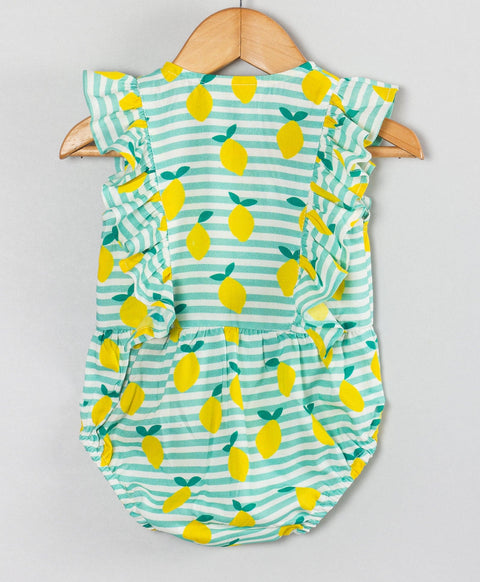 Lemon and stripe print infant girls onesie with frills at front sides-Green