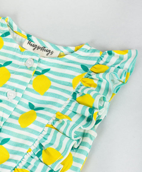 Lemon and stripe print infant girls onesie with frills at front sides-Green