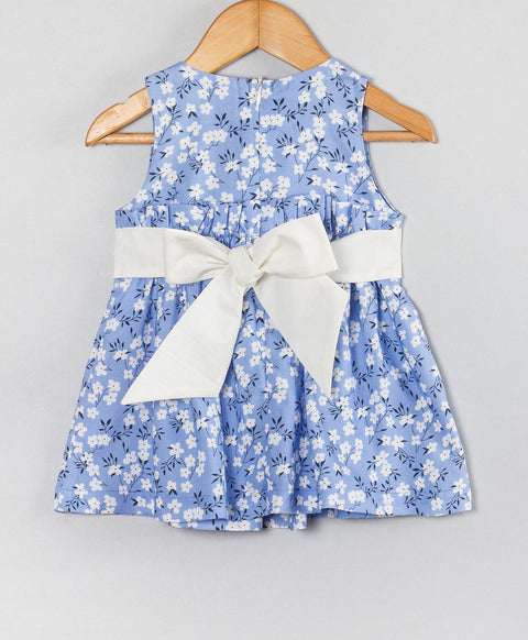 Ditsy print infant dress with white bow-Blue