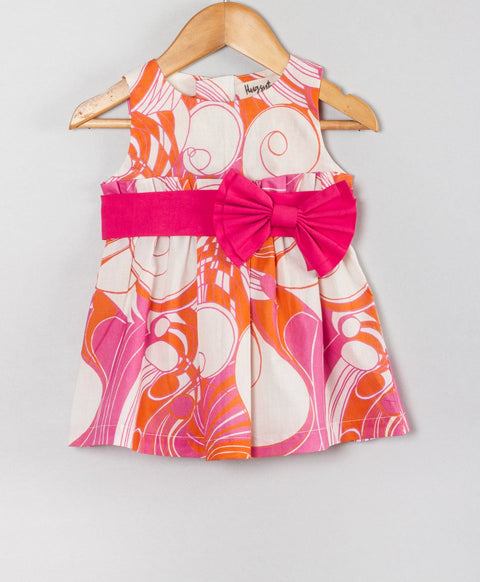 Big print dress with white bow-Pink orange