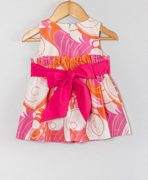 Big print dress with white bow-Pink orange