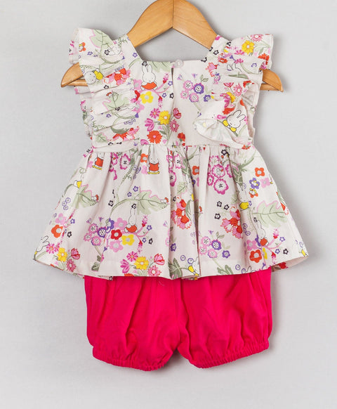 Floral print infant coordinate set with solid pink shorts- White