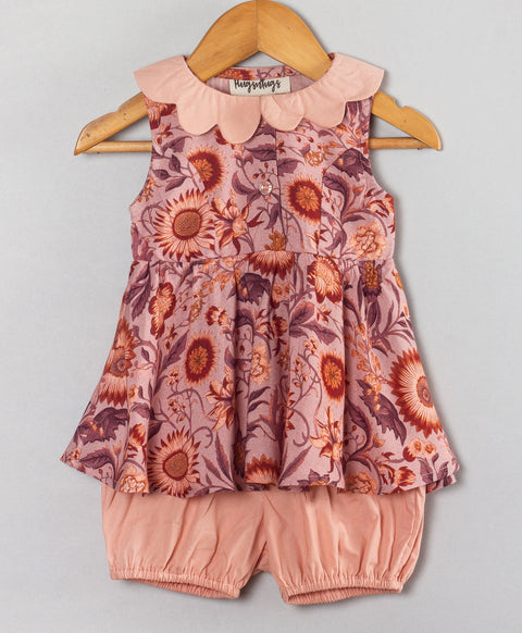 Sunflower print infant coordinate set with scallop collars n pink solid shorts-Soft Pink