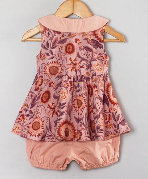 Sunflower print infant coordinate set with scallop collars n pink solid shorts-Soft Pink