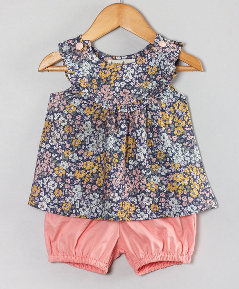 Ditsy floral print infant coordinate with solid pink shorts-Blue