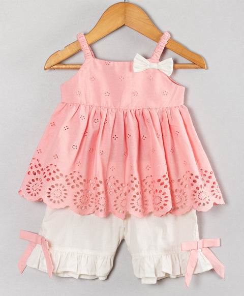 Schiffli infant coordinate set with white shorts-Pink