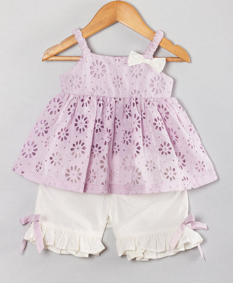 Schiffli infant coordinate set with white shorts-Lilac