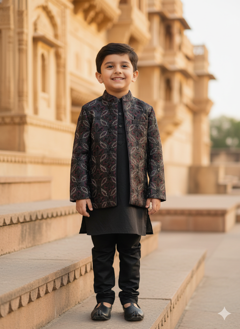 Pre-Order: Threaded Blossom Embriodered Silk Open Jodhpuri  Pure Cotton Kurta Pajama Set -  Black