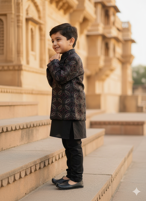 Pre-Order: Threaded Blossom Embriodered Silk Open Jodhpuri  Pure Cotton Kurta Pajama Set -  Black