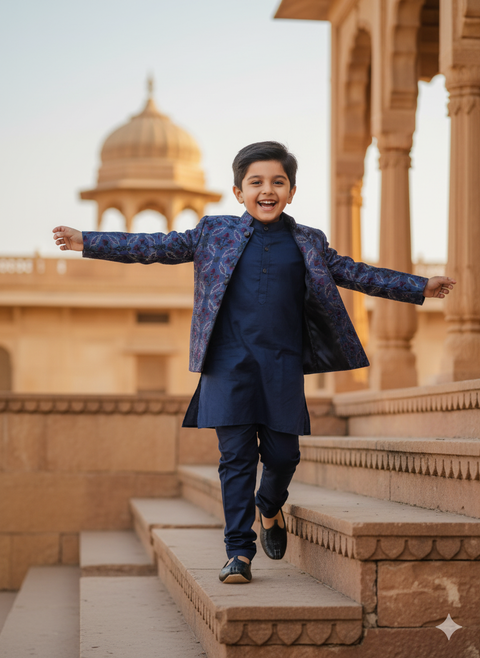 Pre-Order: Threaded Blossom Embriodered Silk Open Jodhpuri  Pure Cotton Kurta Pajama Set -  Blue
